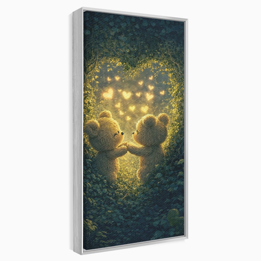 Tablou canvas cu doi ursuleti pufosi in padure, in rama de aluminiu argintiu